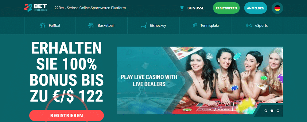 22Bet - Online Casino ohne 1 Euro Limit, der eine einfache Registrierung bietet